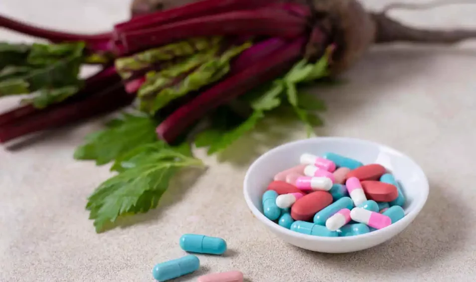 Beterrabas frescas, representando ingredientes naturais e fitoterápicos, ao lado de um pote com diversas cápsulas e comprimidos coloridos da Órion Farmácia de Manipulação, simbolizando suplementos personalizados e vitaminas para saúde e bem-estar.