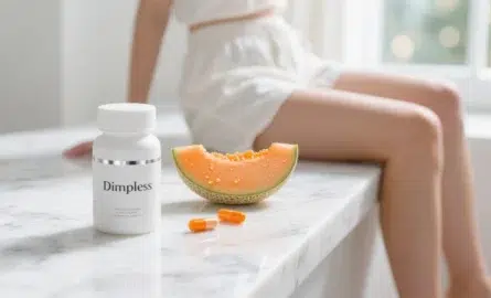 "A Harmonia entre Ciência e Natureza para uma Pele Confiante" A imagem é uma composição sofisticada, limpa e brilhante, dividida sutilmente em duas partes que se complementam.