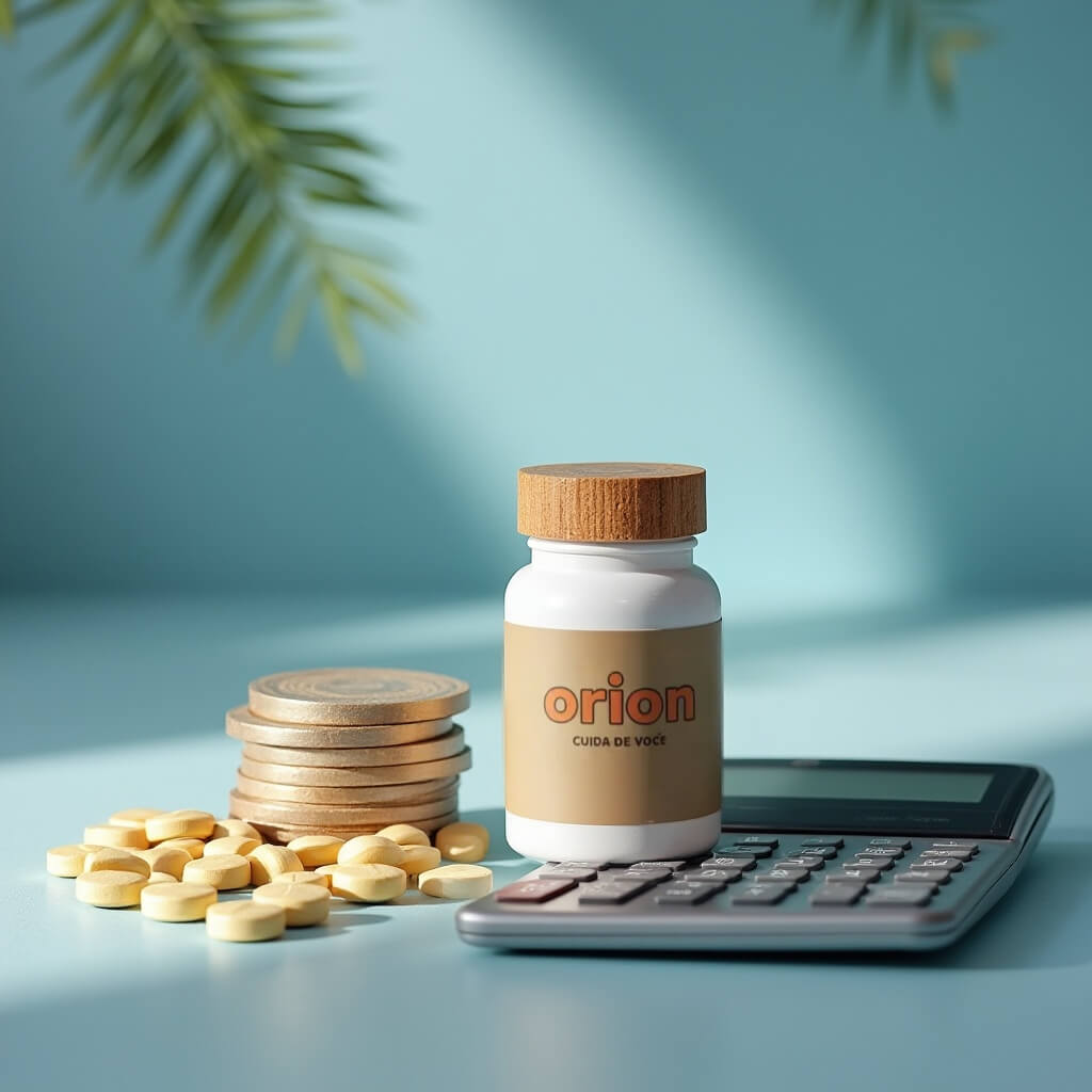 Frasco de medicamento manipulado ao lado de moedas, simbolizando a economia e o custo-benefício dos manipulados.