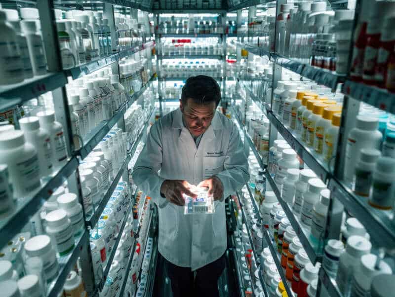 Farmacêutico em jaleco branco inspecionando um produto em um ambiente de estoque de farmácia ou laboratório, cercado por inúmeras prateleiras iluminadas repletas de frascos e embalagens de medicamentos e suplementos. A imagem representa a precisão, a vasta gama de produtos e a expertise técnica da Órion Farmácia de Manipulação na criação de fórmulas e soluções personalizadas para a saúde e bem-estar.